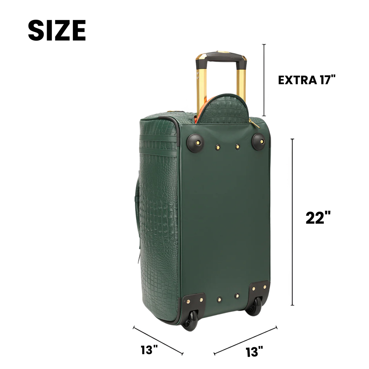 Statement Rolling Duffle in Emerald Green size guide — 22 x 13 x 13 inches with 17 inch retractable handle