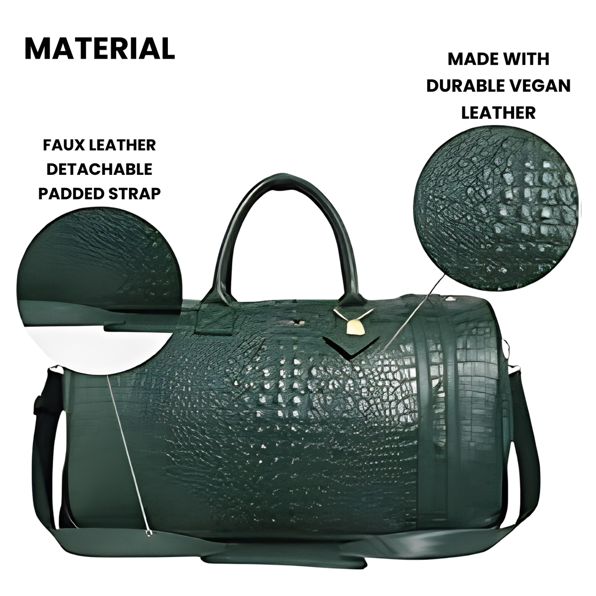 Statement Rolling Duffle in Emerald Green material detail — durable vegan leather and detachable padded strap