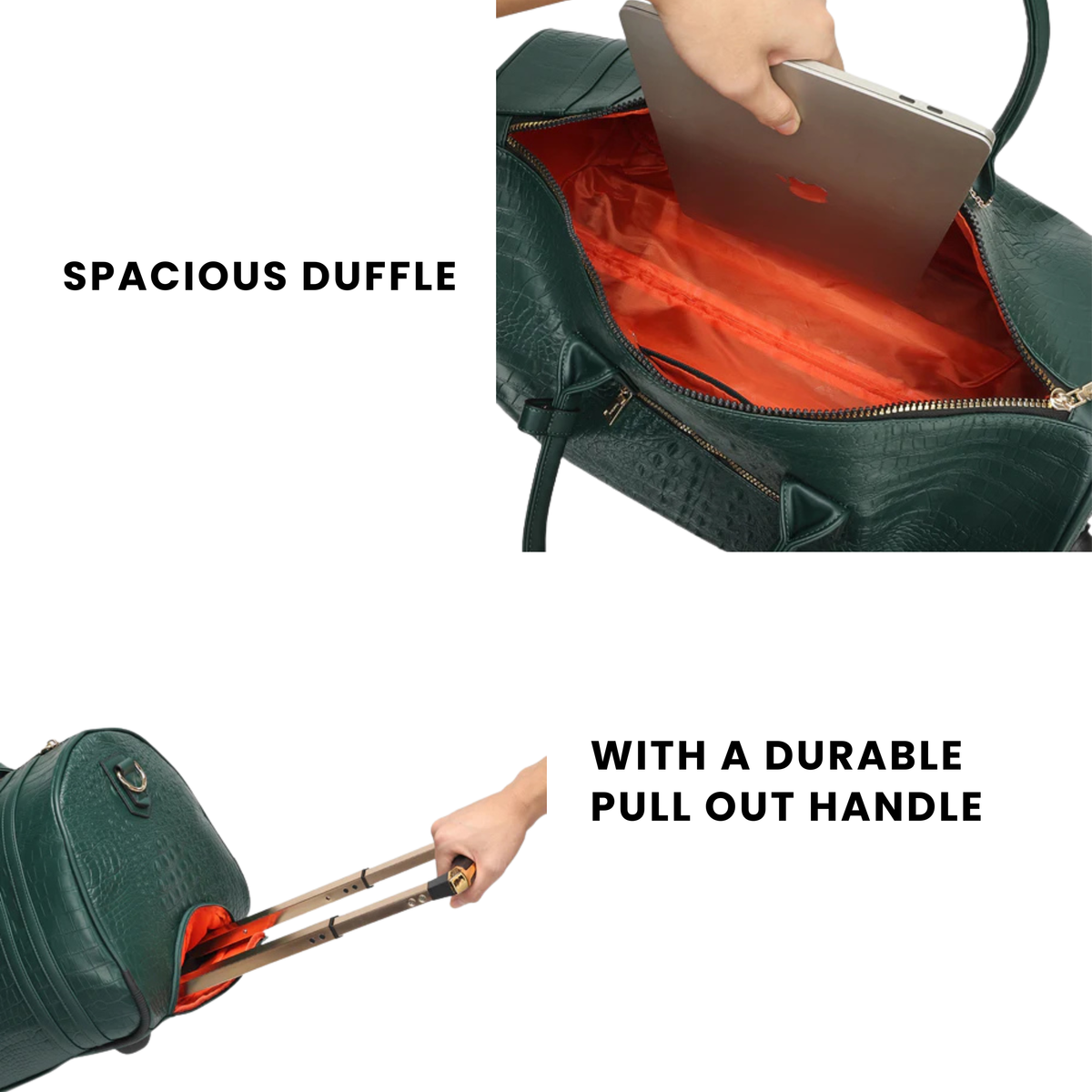 Statement Rolling Duffle in Emerald Green spacious interior and durable pull-out handle