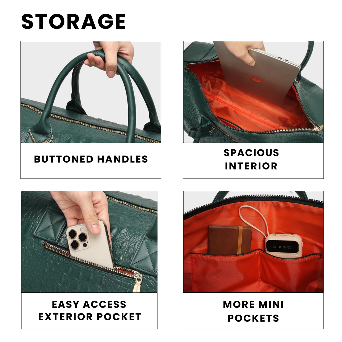 Statement Rolling Duffle in Emerald Green storage — buttoned handles, spacious interior, exterior pocket, secure zip pockets