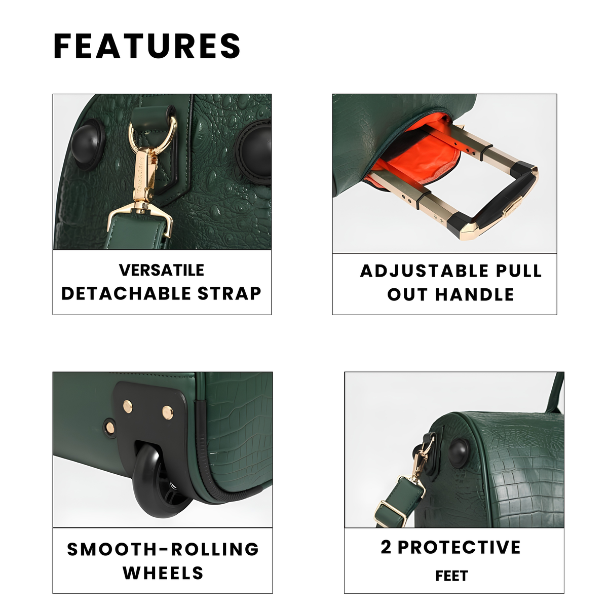 Statement Rolling Duffle in Emerald Green features — detachable strap, adjustable pull-out handle, smooth-rolling wheels, protective feet