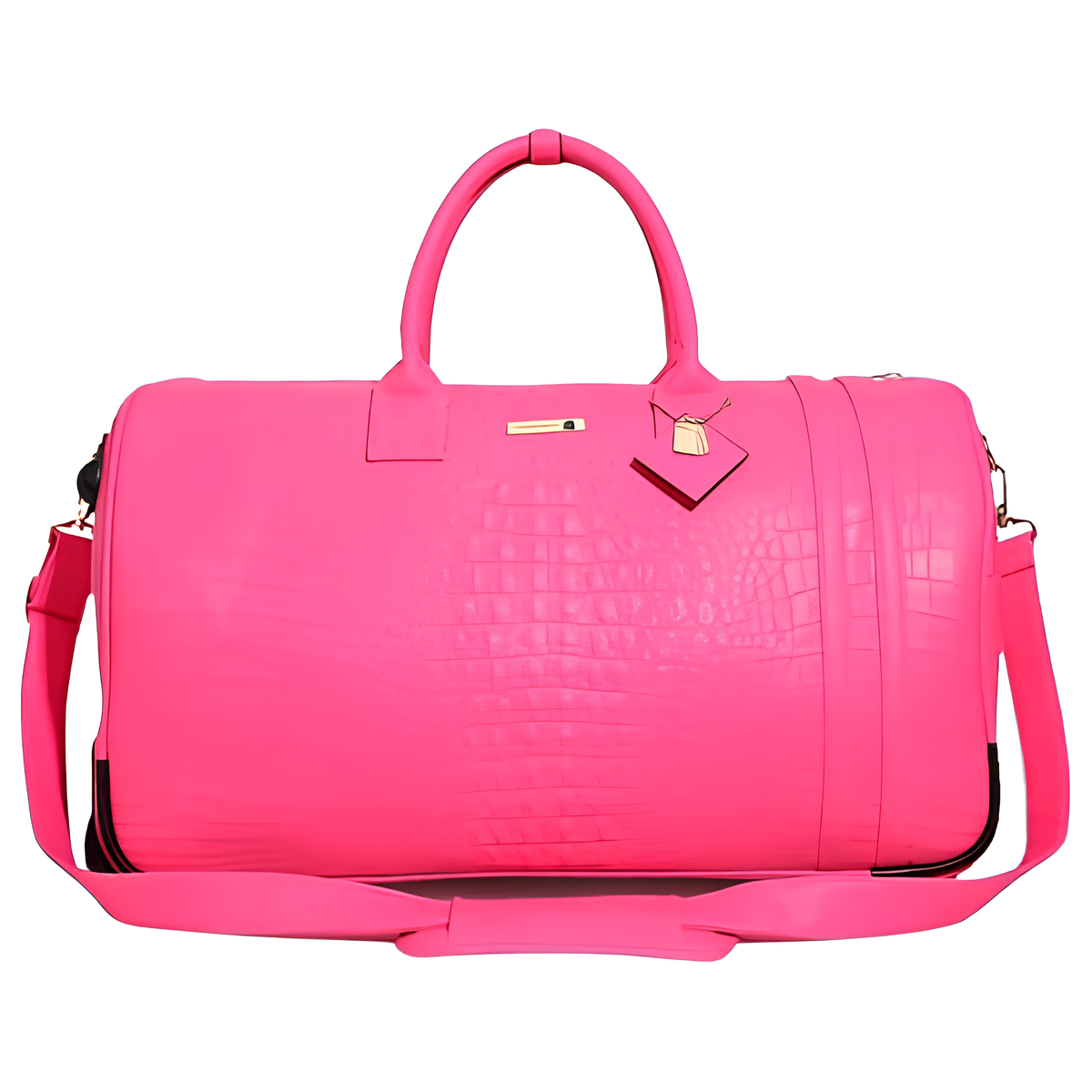 Tote&Carry Statement Rolling Duffle Bag in Neon Pink — crocodile-embossed vegan leather duffle with wheels