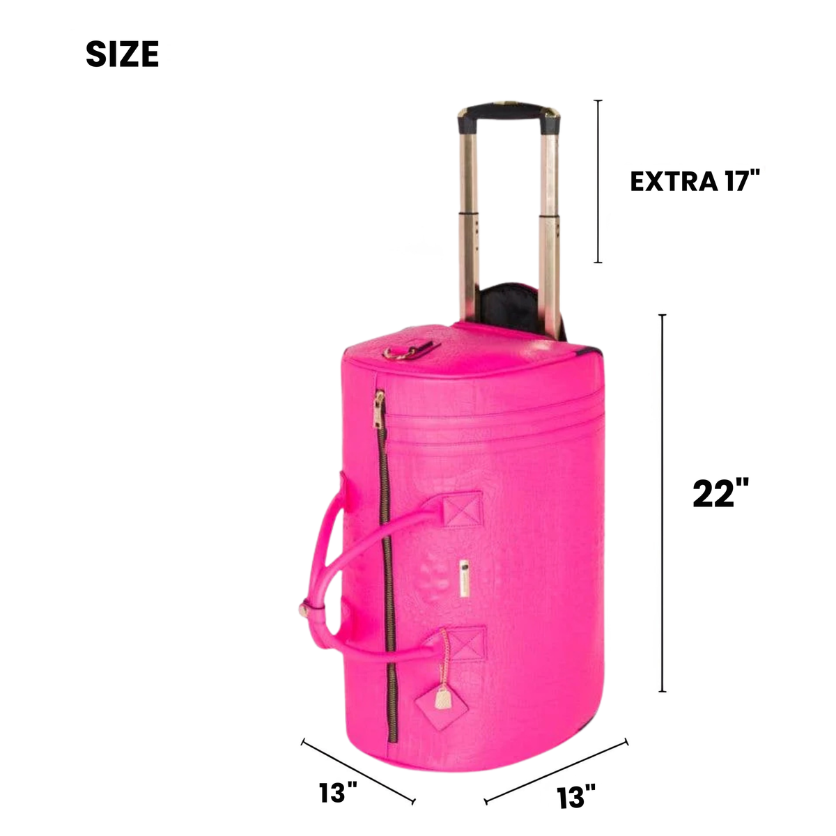 Statement Rolling Duffle in Neon Pink size guide — 22 x 13 x 13 inches with 17 inch retractable handle