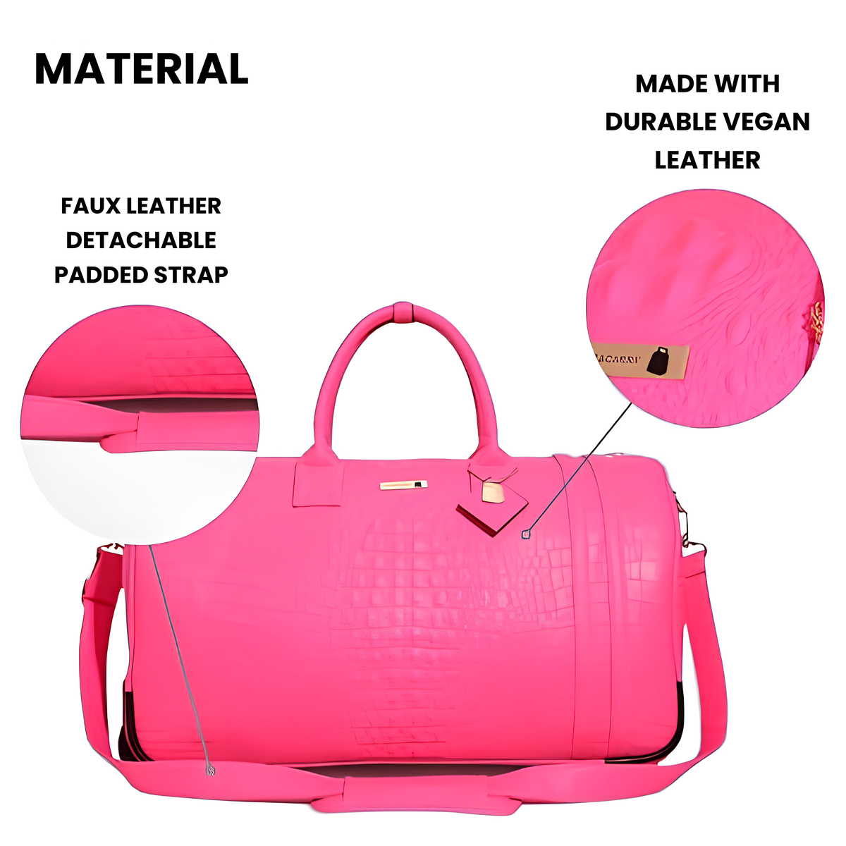 Statement Rolling Duffle in Neon Pink material detail — durable vegan leather and detachable padded strap