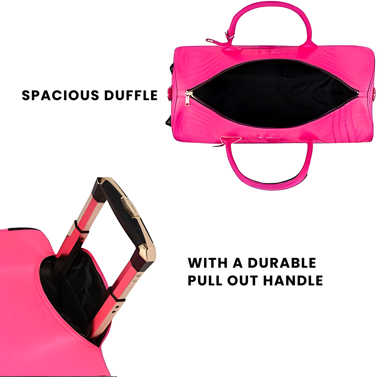 Statement Rolling Duffle in Neon Pink spacious interior and durable pull-out handle