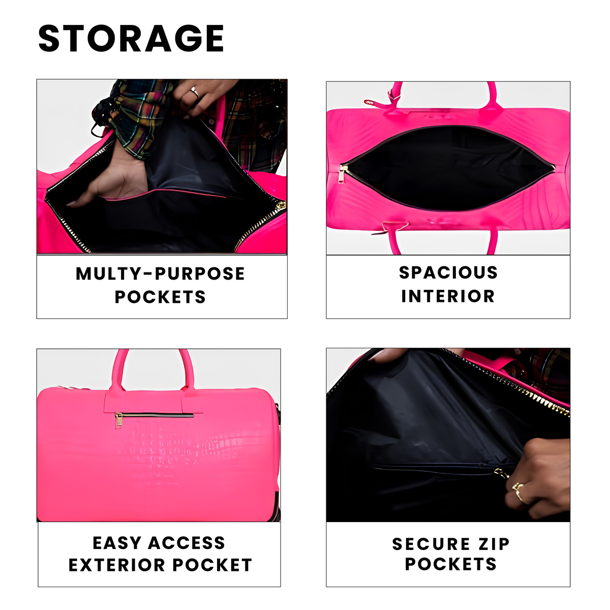 Statement Rolling Duffle in Neon Pink storage — buttoned handles, spacious interior, exterior pocket, secure zip pockets