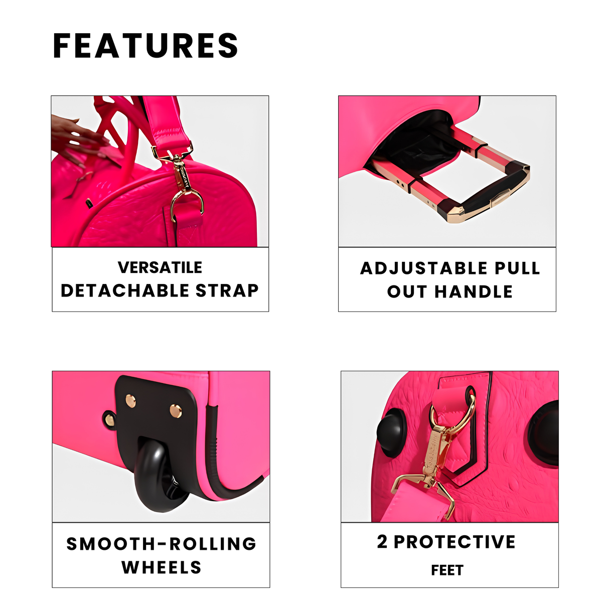 Statement Rolling Duffle in Neon Pink features — detachable strap, adjustable pull-out handle, smooth-rolling wheels, protective feet