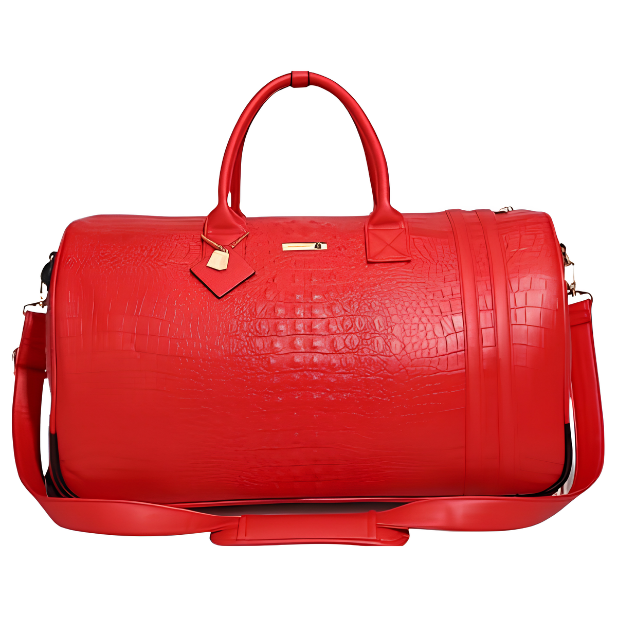 Tote&Carry Statement Rolling Duffle Bag in Red — crocodile-embossed vegan leather duffle with wheels