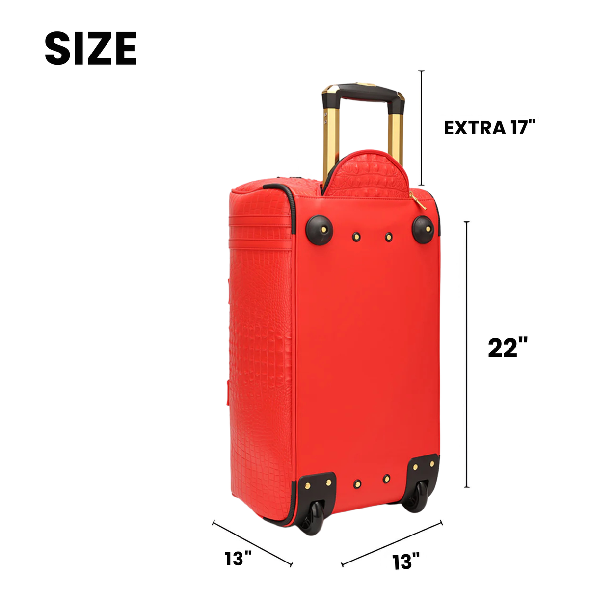 Statement Rolling Duffle in Red size guide — 22 x 13 x 13 inches with 17 inch retractable handle
