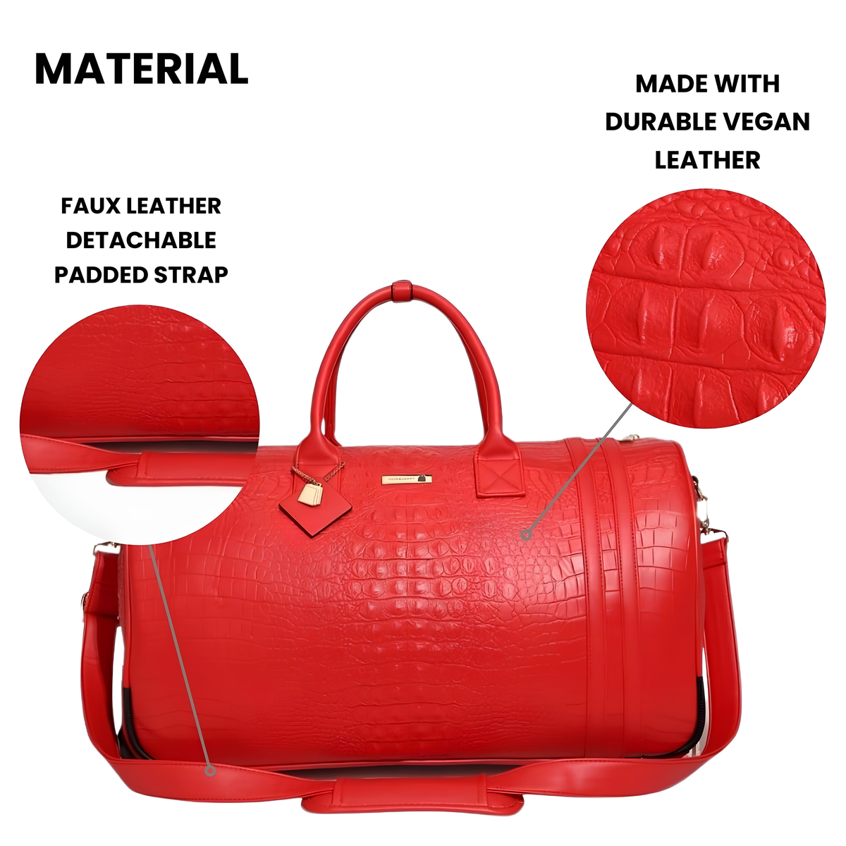 Statement Rolling Duffle in Red material detail — durable vegan leather and detachable padded strap