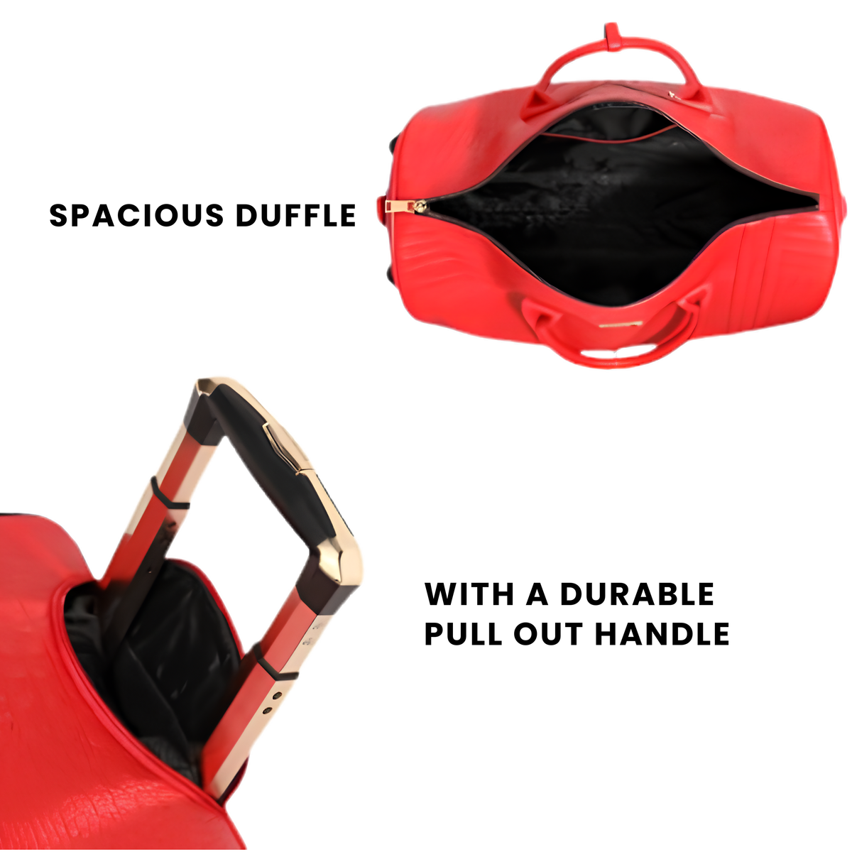 Statement Rolling Duffle in Red spacious interior and durable pull-out handle