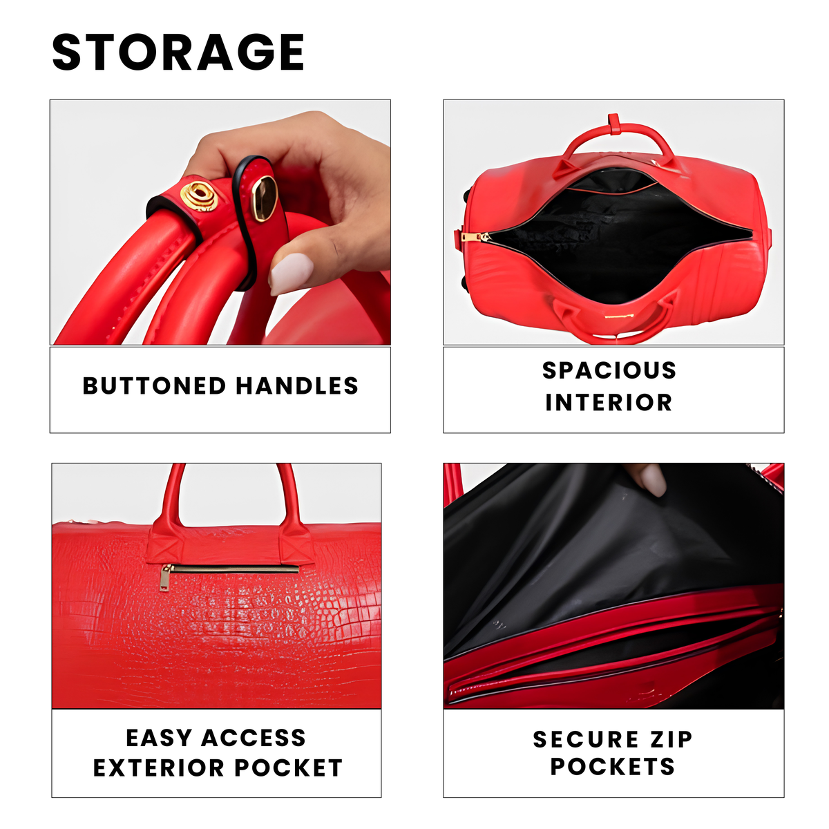 Statement Rolling Duffle in Red storage — buttoned handles, spacious interior, exterior pocket, secure zip pockets