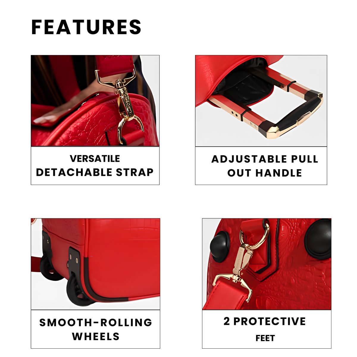 Statement Rolling Duffle in Red features — detachable strap, adjustable pull-out handle, smooth-rolling wheels, protective feet
