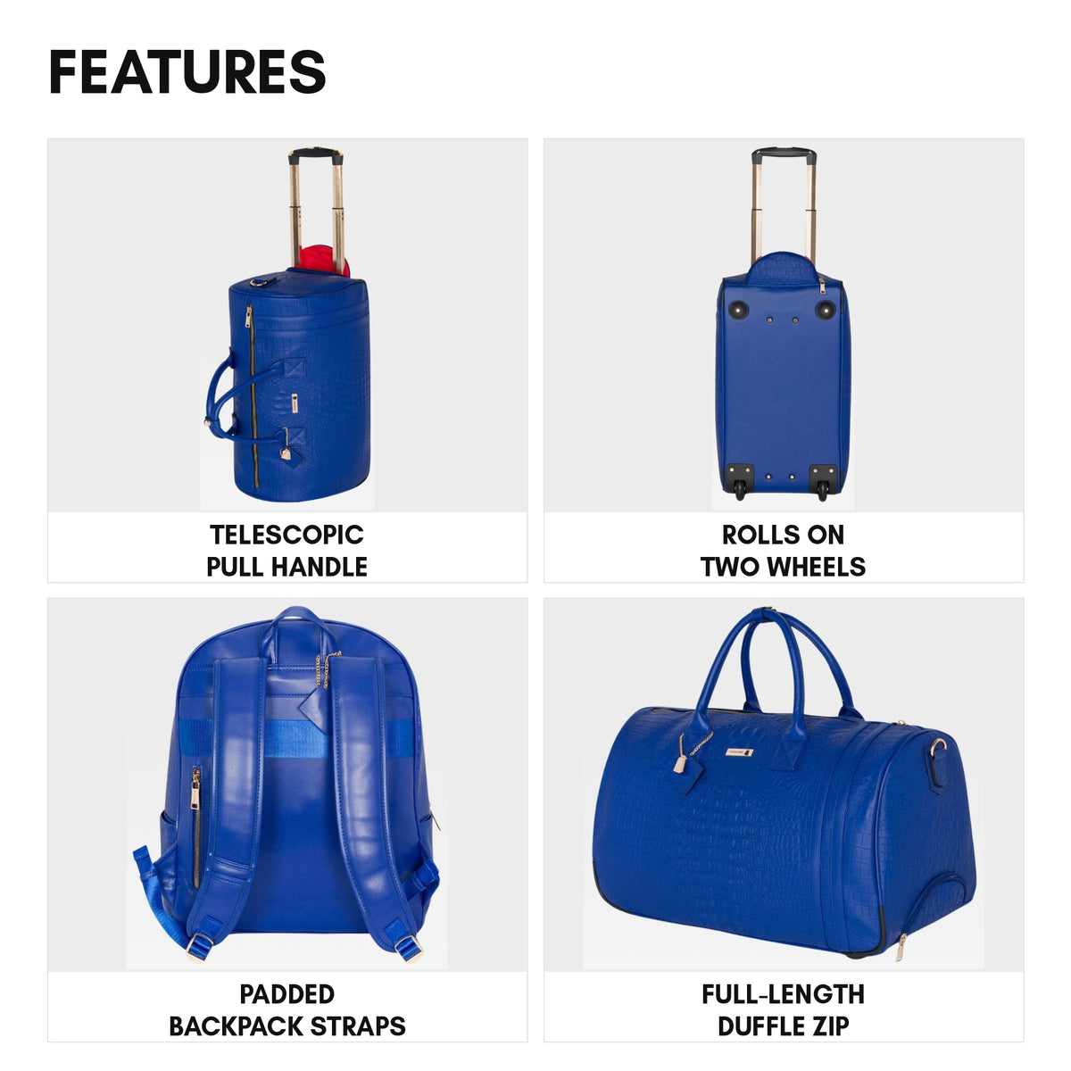 Statement Traveler Rolling Duffle Set in Royal Blue - features