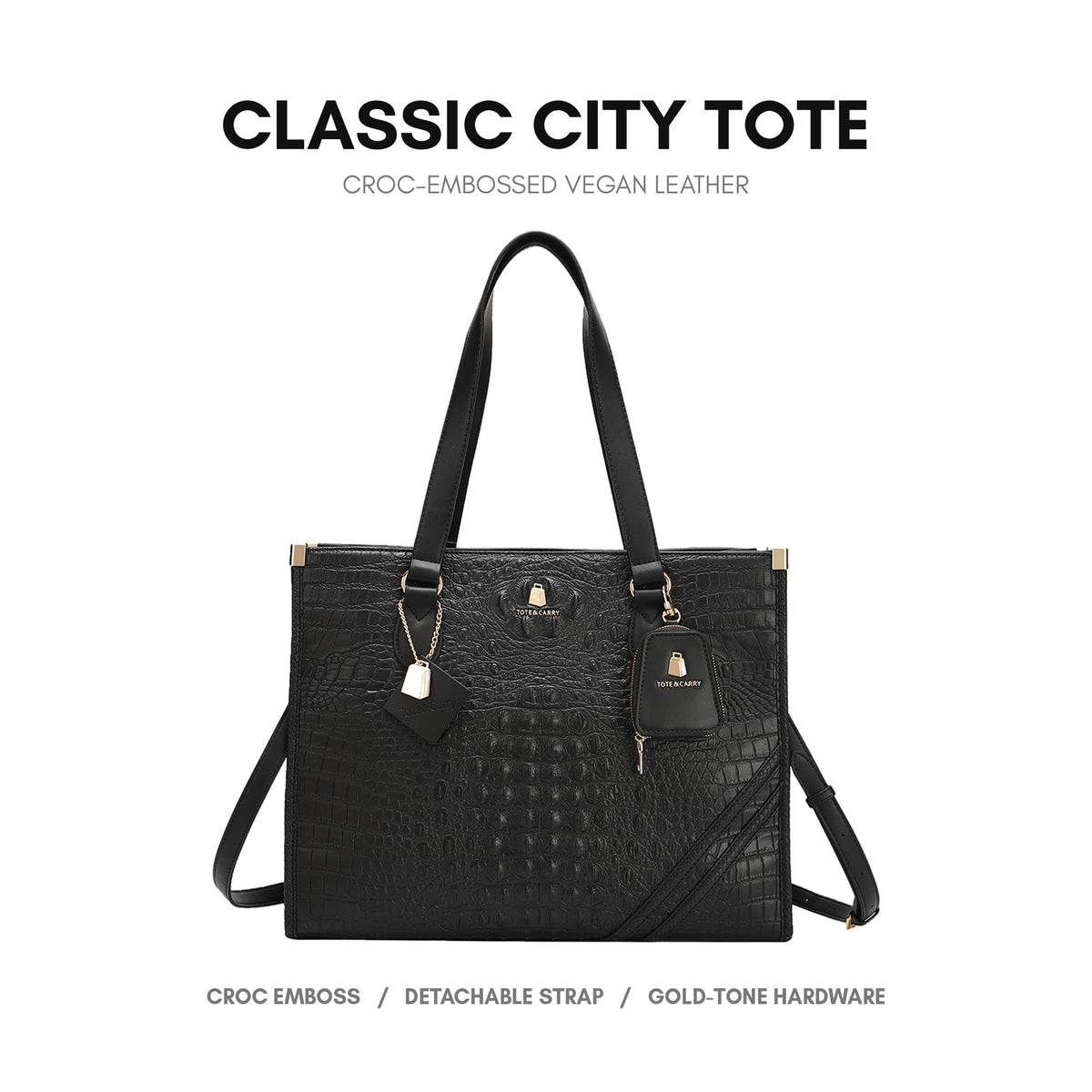 Classic City Tote in Black - croc-embossed vegan leather