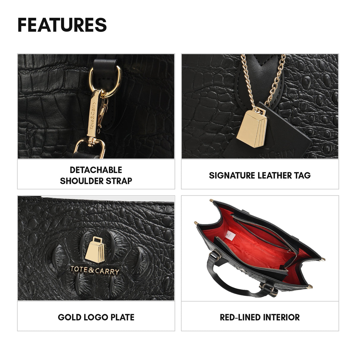 Classic City Tote in Black - features: detachable shoulder strap, signature leather tag, gold logo plate, red-lined interior