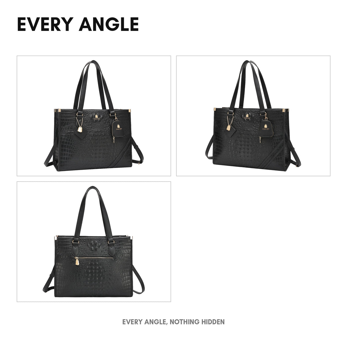 Classic City Tote in Black - every angle: front, side, back and interior
