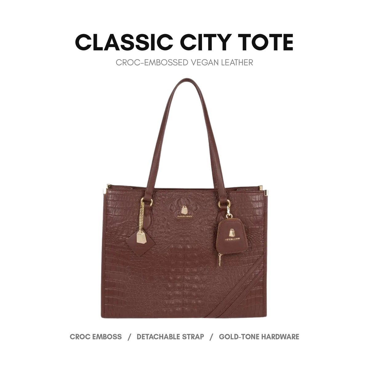 Classic City Tote in Brown - croc-embossed vegan leather