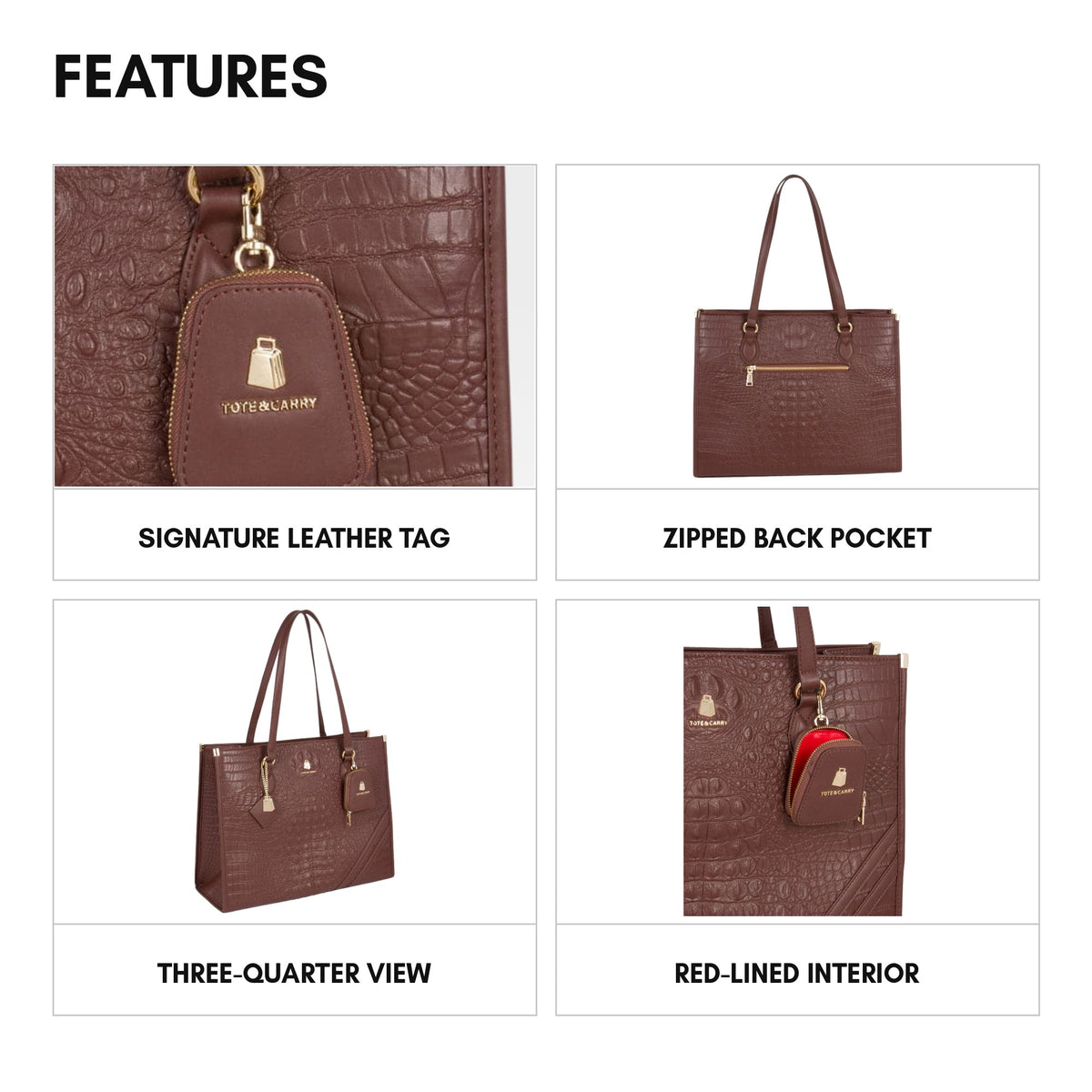 Classic City Tote in Brown - features: signature leather tag, zipped back pocket, three-quarter view, red-lined interior