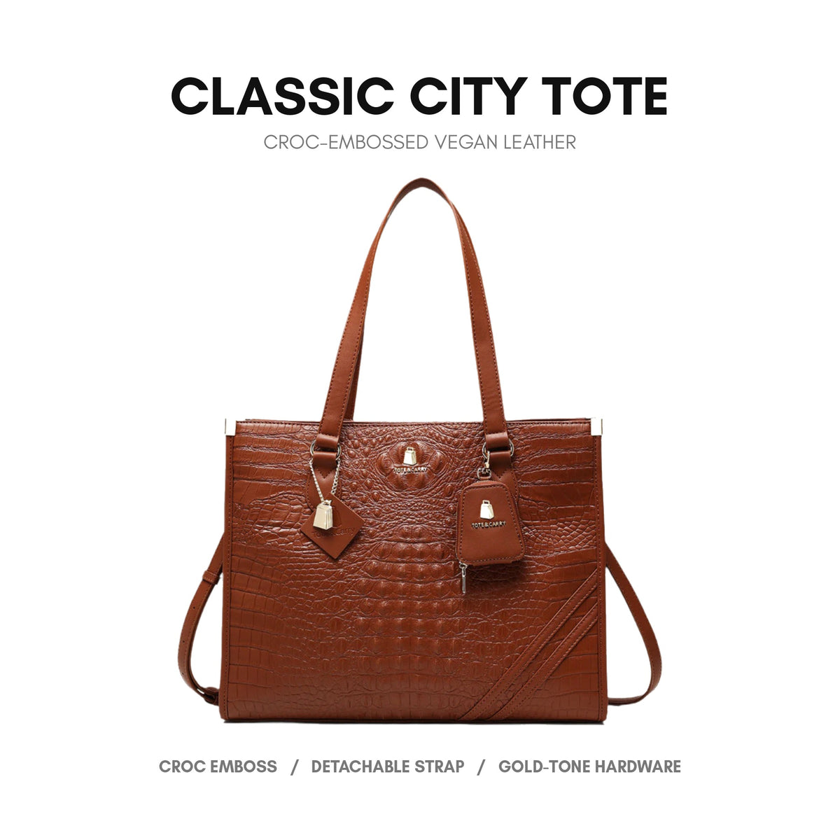 Classic City Tote in Caramel - croc-embossed vegan leather