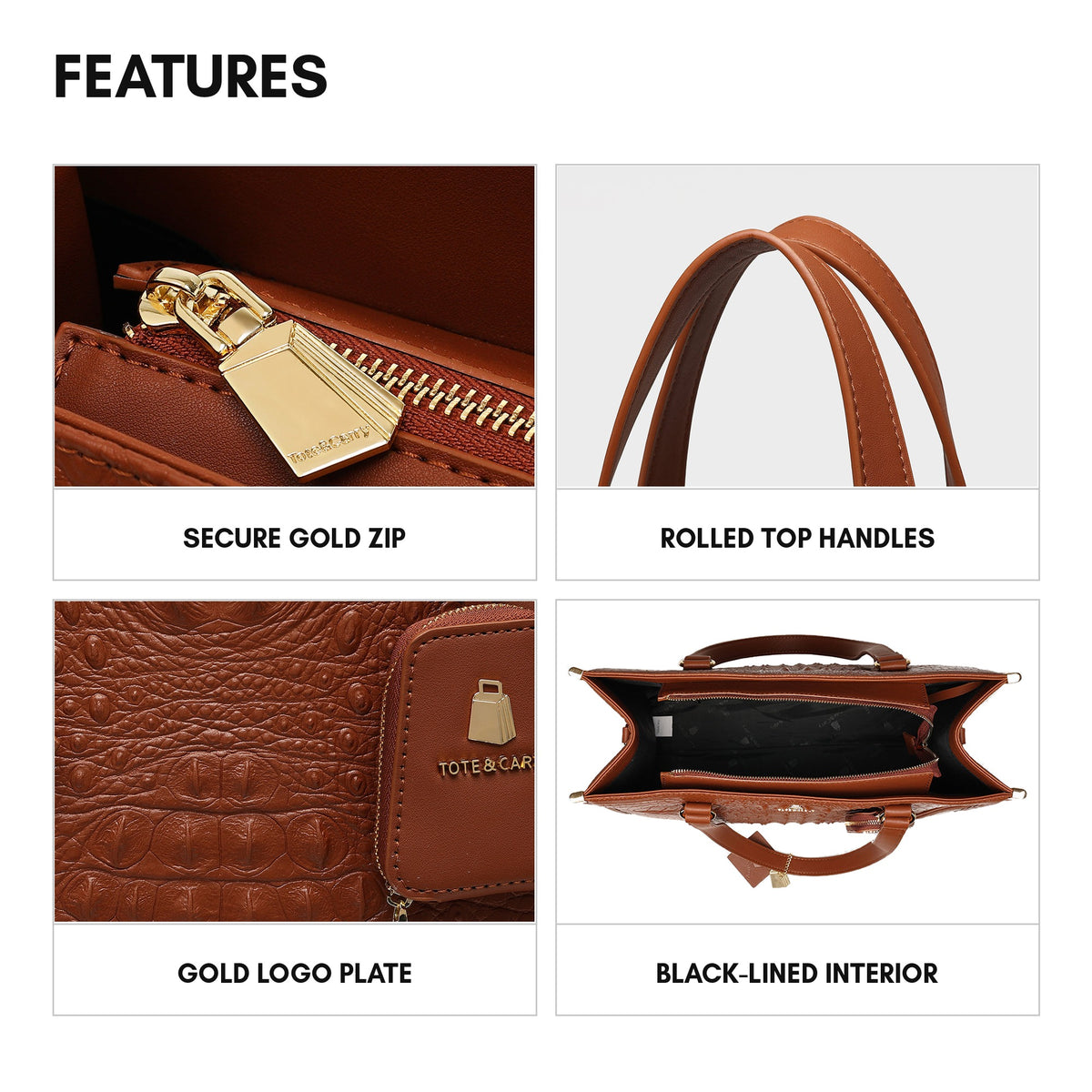 Classic City Tote in Caramel - features: secure gold zip, rolled top handles, gold logo plate, black-lined interior