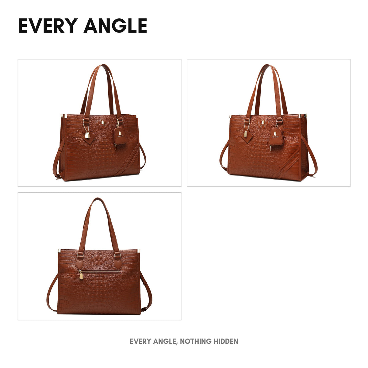 Classic City Tote in Caramel - every angle: front, side, back and interior