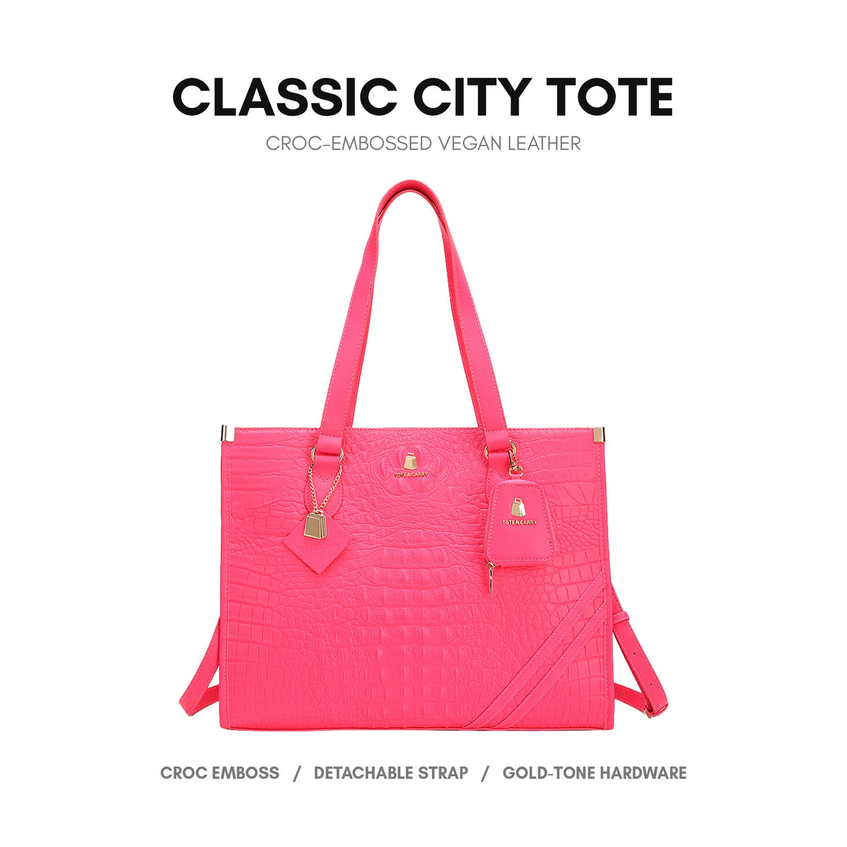 Classic City Tote in Neon Pink - croc-embossed vegan leather