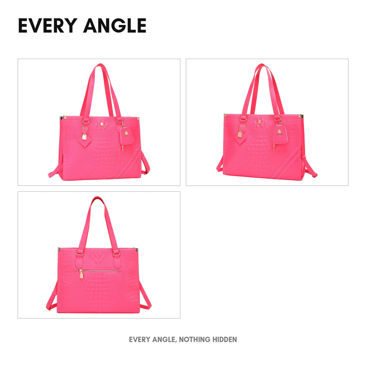 Classic City Tote in Neon Pink - every angle: front, side, back and interior