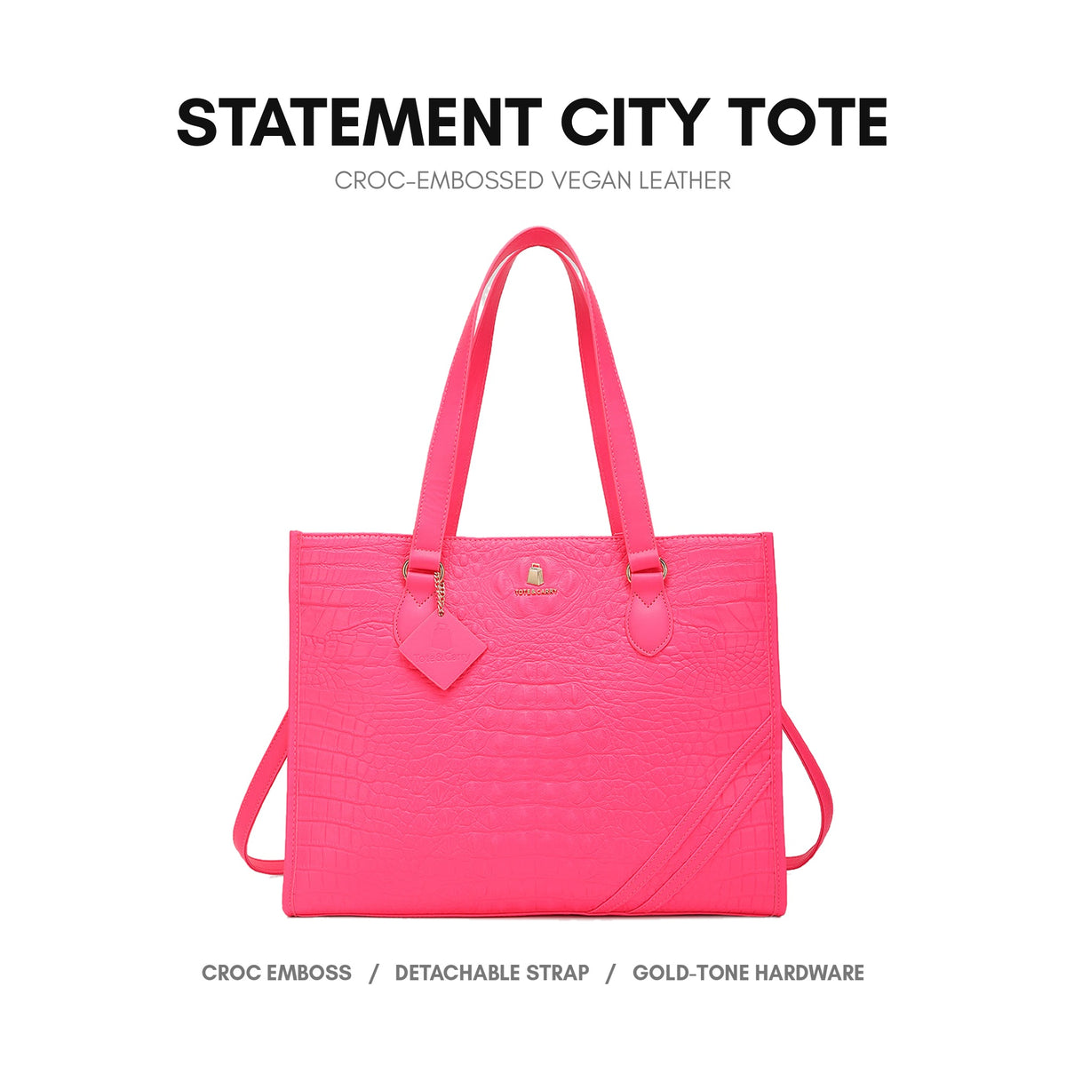 Statement City Tote in Neon Pink - croc-embossed vegan leather