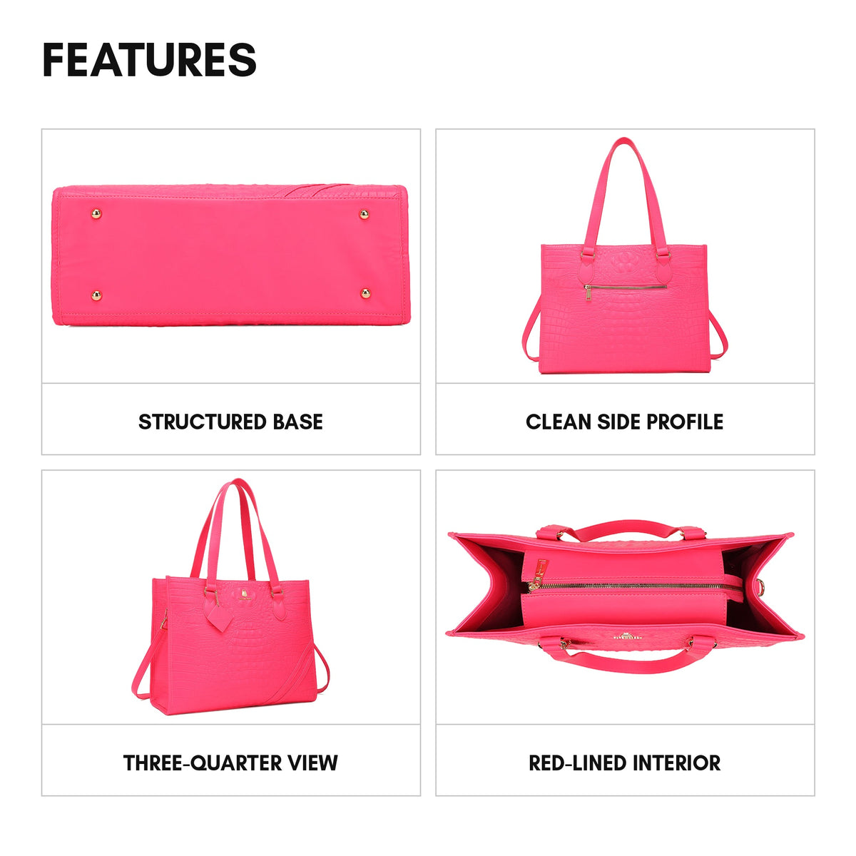 Statement City Tote in Neon Pink - features: structured base, clean side profile, three-quarter view, red-lined interior