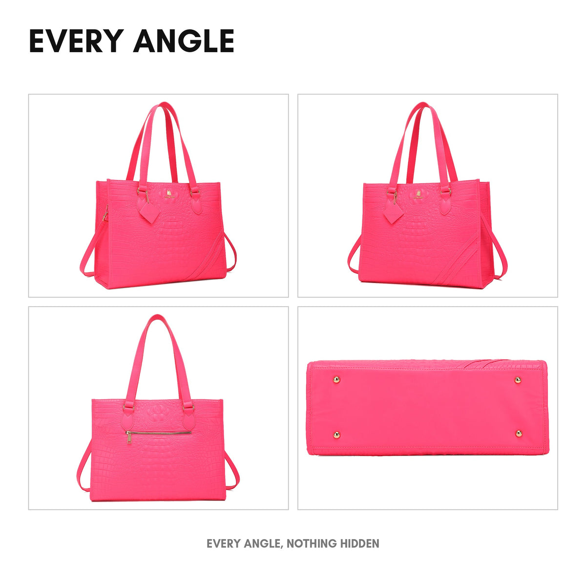 Statement City Tote in Neon Pink - every angle: front, side, back and interior