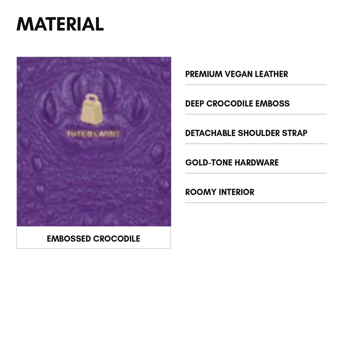 Statement City Tote in Purple - material and specs: premium vegan leather, deep crocodile emboss, detachable shoulder strap, gold-tone hardware, roomy interior