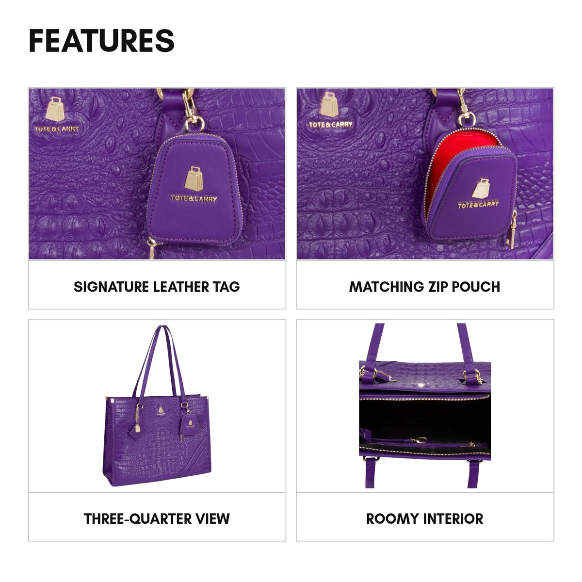 Statement City Tote in Purple - features: signature leather tag, matching zip pouch, three-quarter view, roomy interior