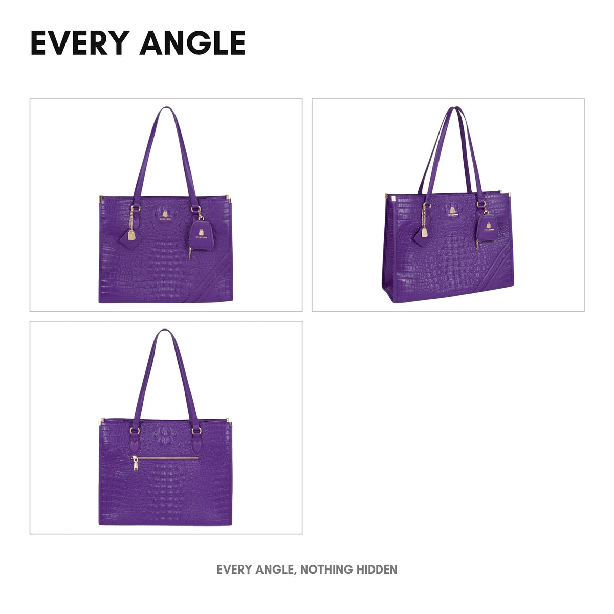 Statement City Tote in Purple - every angle: front, side, back and interior