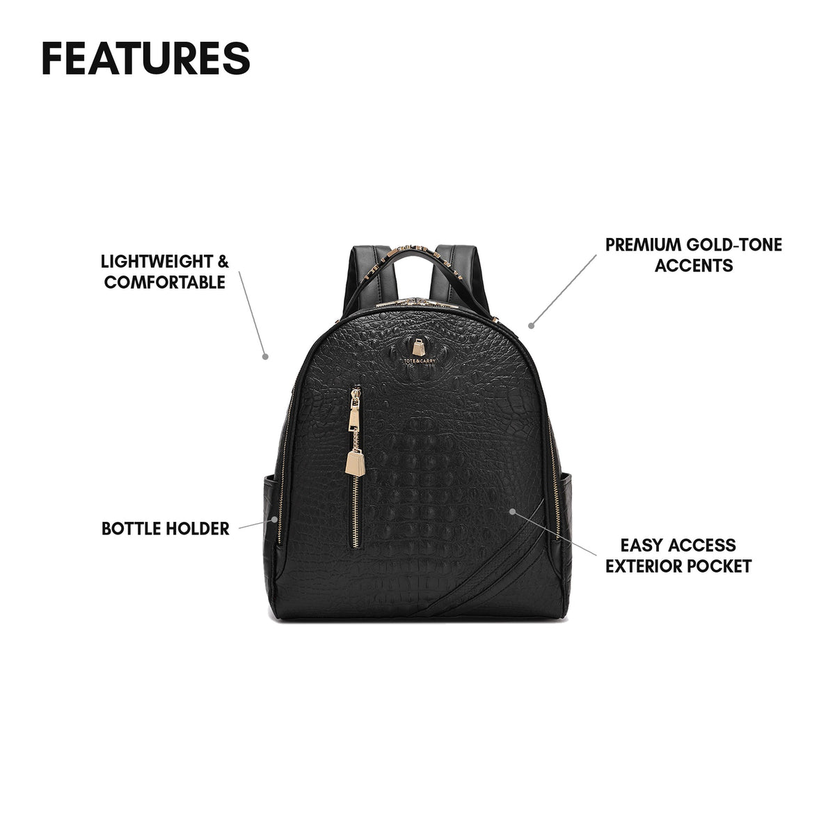 Statement Commuter Backpack in Black - features: lightweight & comfortable, bottle holder, premium gold-tone accents, easy access exterior pocket