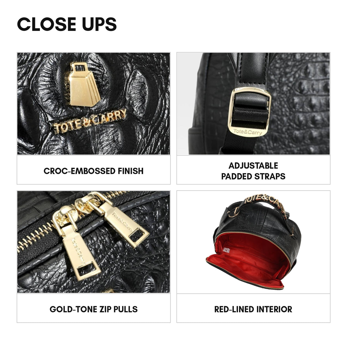 Statement Commuter Backpack in Black - close ups: croc-embossed finish, adjustable padded straps, gold-tone zip pulls, red-lined interior
