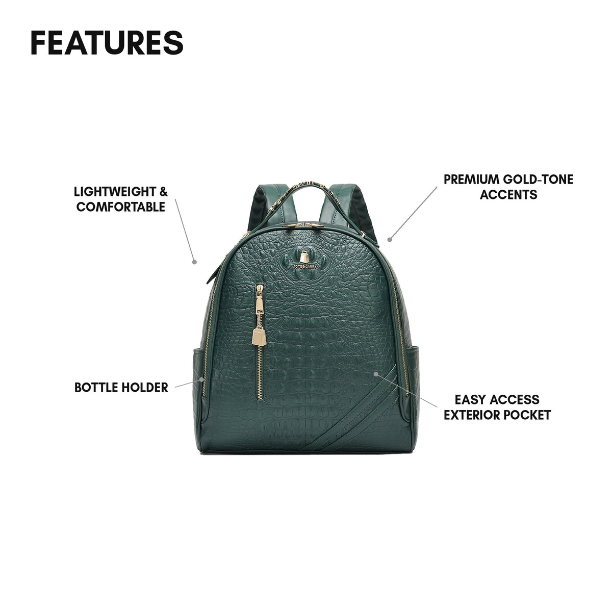 Statement Commuter Backpack in Emerald - features: lightweight & comfortable, bottle holder, premium gold-tone accents, easy access exterior pocket