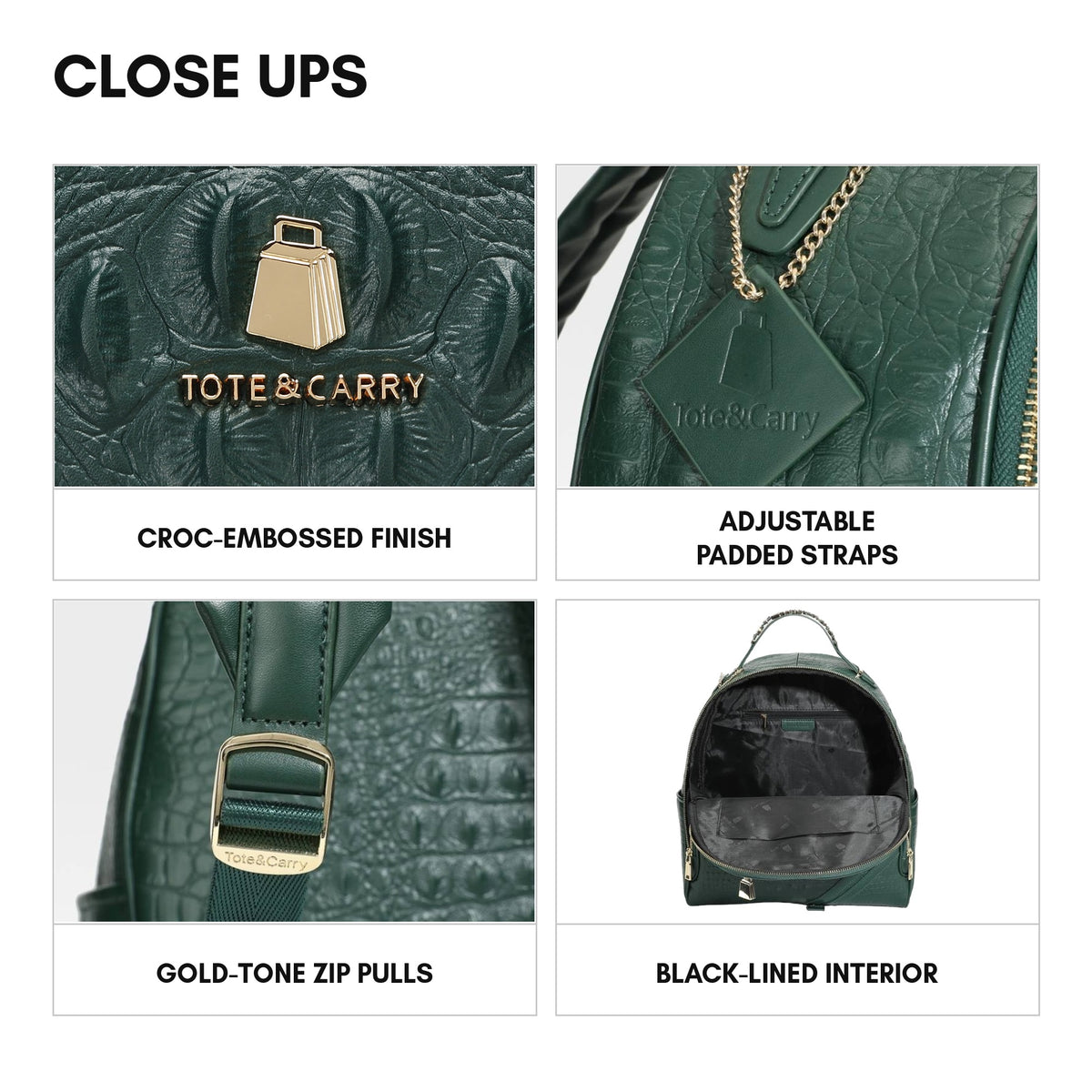 Statement Commuter Backpack in Emerald - close ups: croc-embossed finish, adjustable padded straps, gold-tone zip pulls, black-lined interior