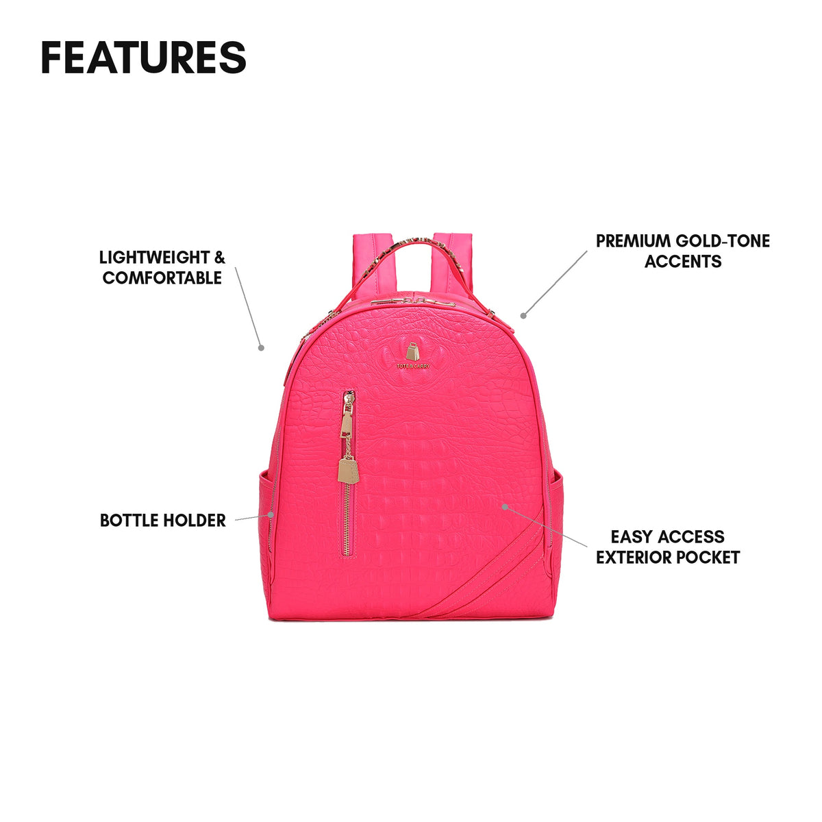 Statement Commuter Backpack in Neon Pink - features: lightweight & comfortable, bottle holder, premium gold-tone accents, easy access exterior pocket