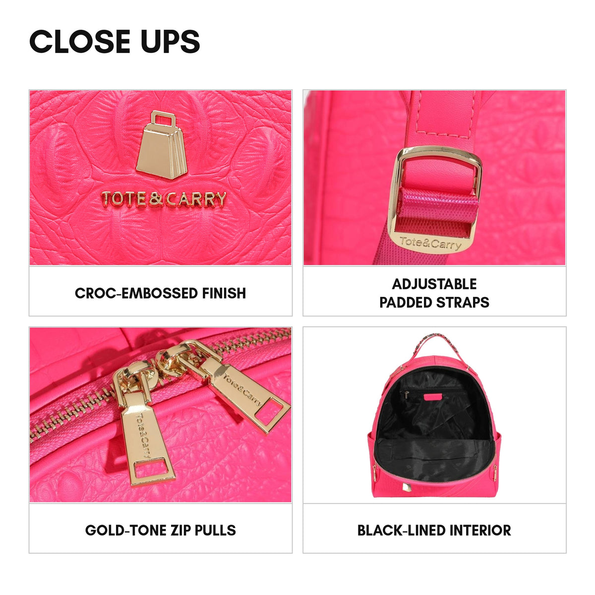 Statement Commuter Backpack in Neon Pink - close ups: croc-embossed finish, adjustable padded straps, gold-tone zip pulls, black-lined interior