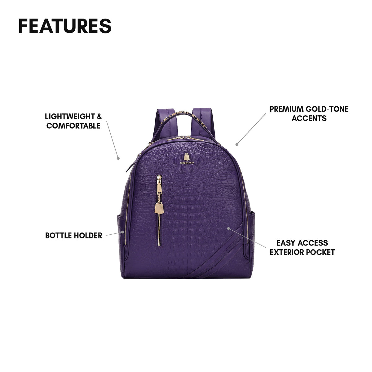 Statement Commuter Backpack in Purple - features: lightweight & comfortable, bottle holder, premium gold-tone accents, easy access exterior pocket