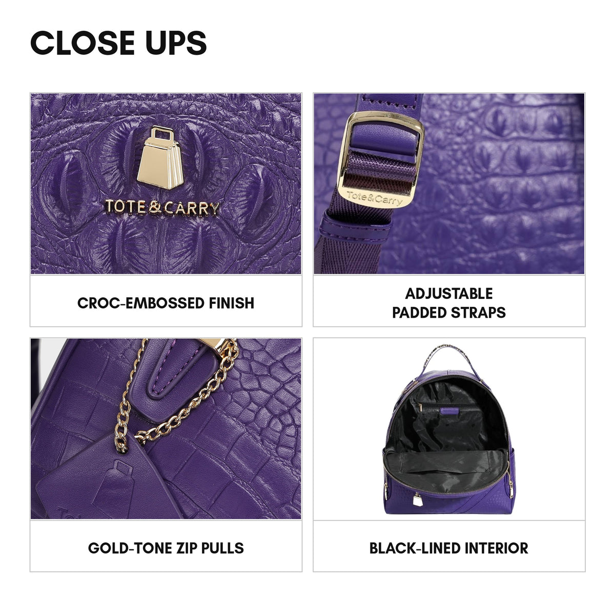 Statement Commuter Backpack in Purple - close ups: croc-embossed finish, adjustable padded straps, gold-tone zip pulls, black-lined interior