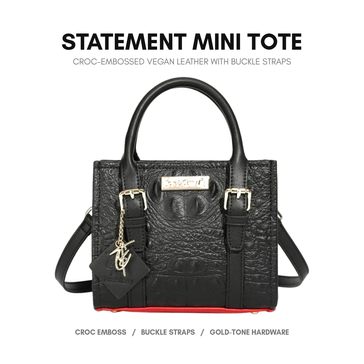 Statement Mini Tote in Black & Red - croc-embossed vegan leather with buckle straps