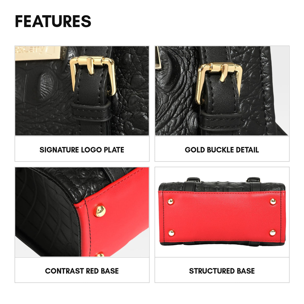 Statement Mini Tote in Black & Red - features: signature logo plate, gold buckle detail, contrast red base, structured base