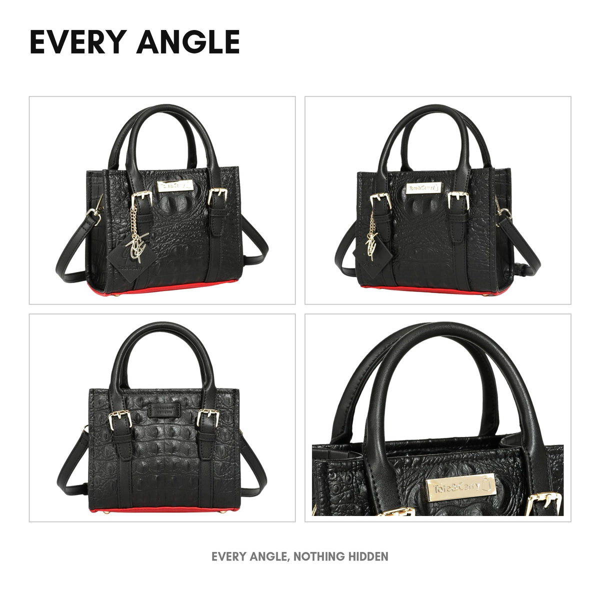 Statement Mini Tote in Black & Red - every angle: front, side, back and interior