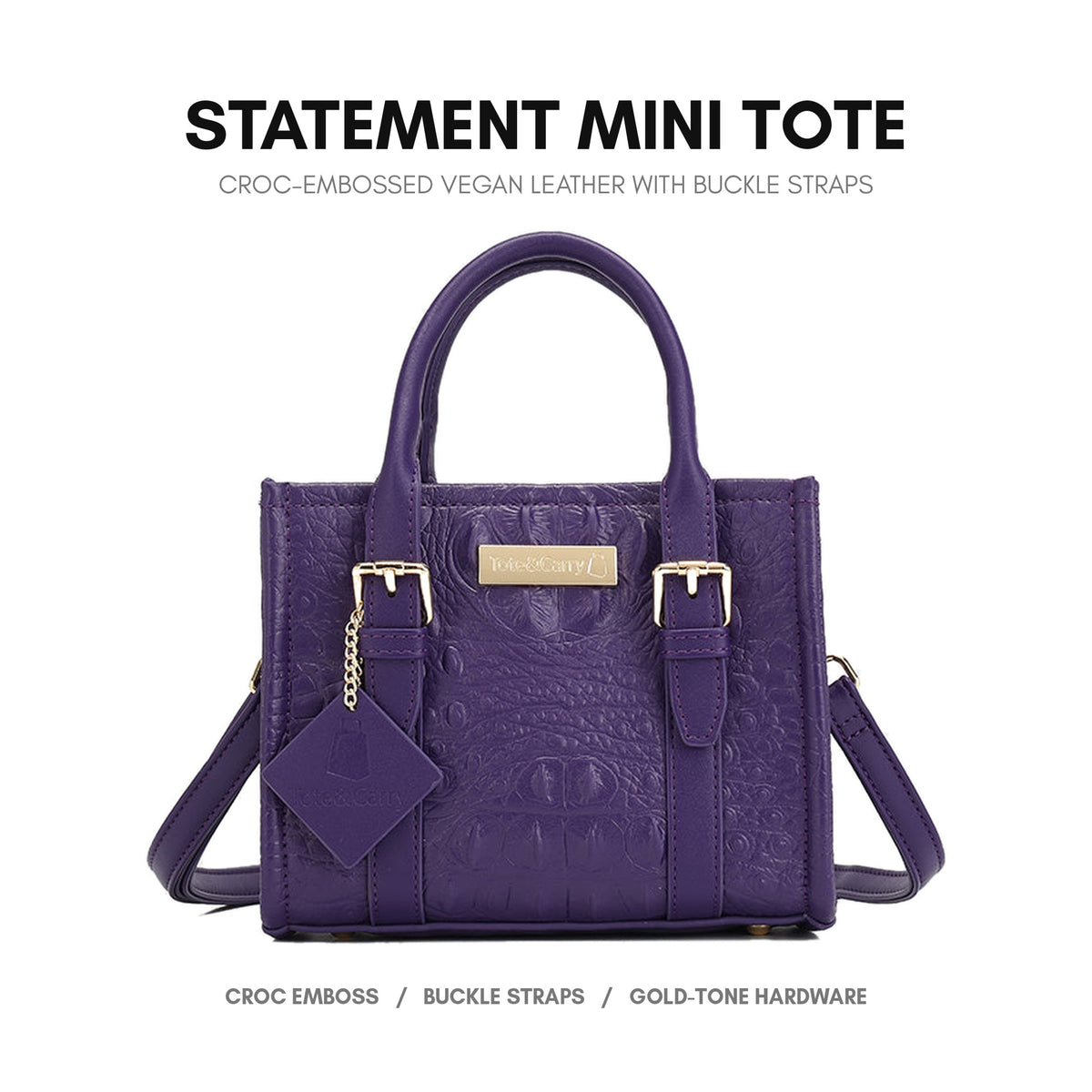 Statement Mini Tote in Purple - croc-embossed vegan leather with buckle straps
