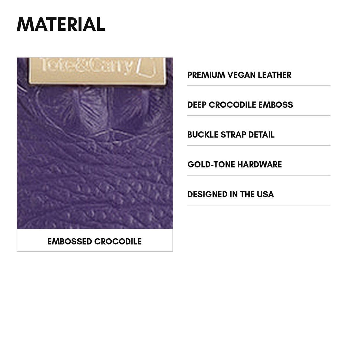 Statement Mini Tote in Purple - material and specs: premium vegan leather, deep crocodile emboss, buckle strap detail, gold-tone hardware, designed in the usa