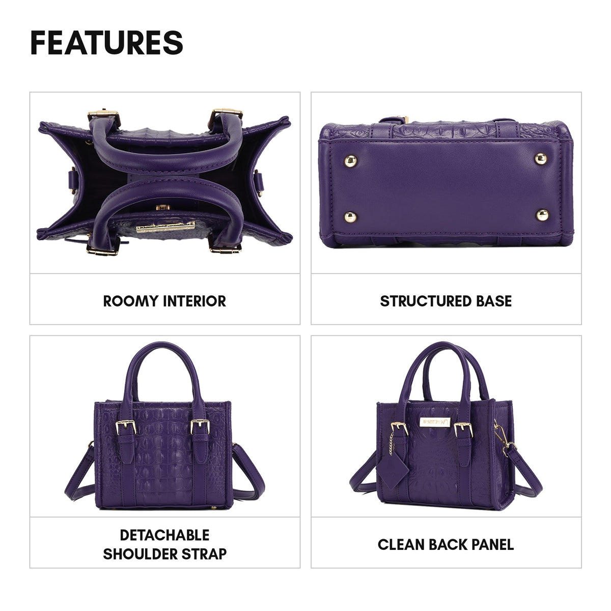 Statement Mini Tote in Purple - features: roomy interior, structured base, detachable shoulder strap, clean back panel