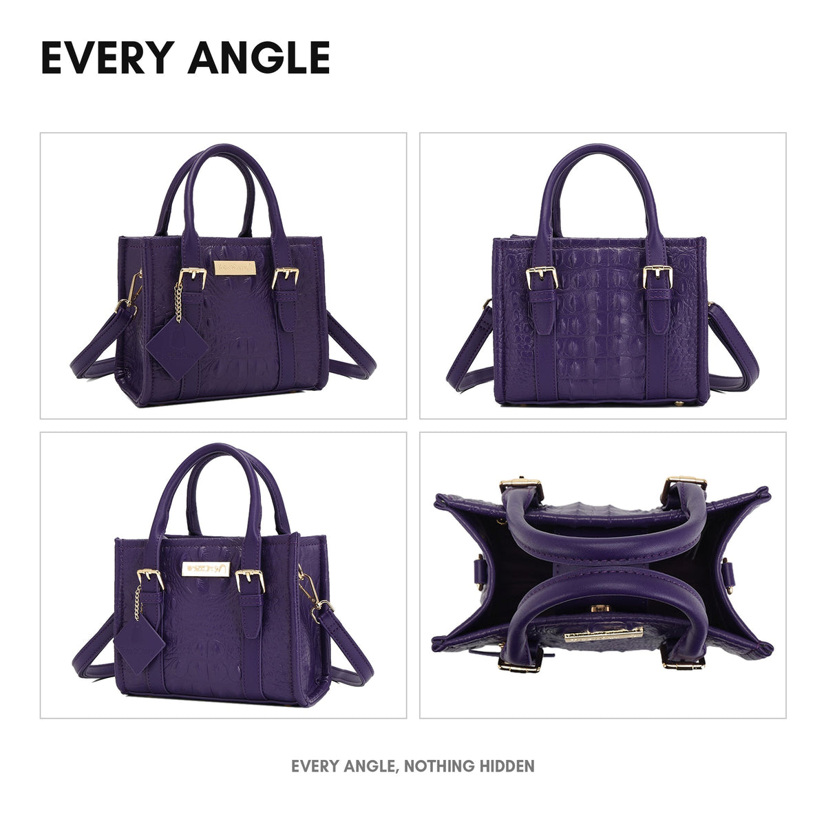 Statement Mini Tote in Purple - every angle: front, side, back and interior