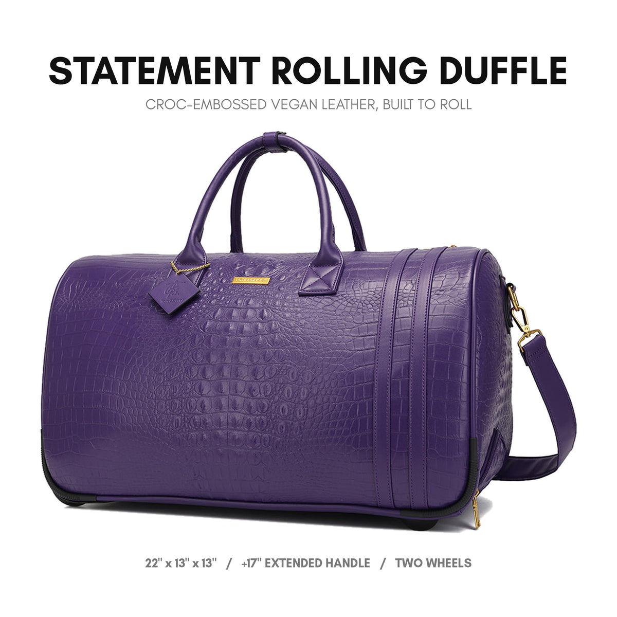 Statement Rolling Duffle Bag in Purple - croc-embossed vegan leather